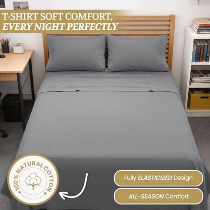 Full XL 100% Cotton Jersey Knit Sheet Set, 4PC, 15" Deep Pocket, Light Grey