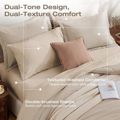 Sasttie Full Comforter Set 7-Piece Linen, Pre-Washed Bed in a Bag