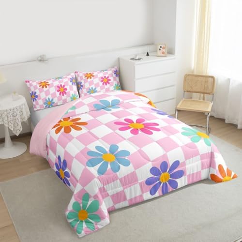 jejeloiu Cute Floral Comforter Set Full Size Pink White Checkerboard Bedding Set for Kids Boys Girls Colorful Daisy Duvet Quilt Plaid Grid Bedroom Decor Microfiber 3 Pcs with 2 Pillow Cases