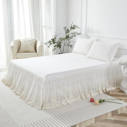 Brandream Luxury Ivory White Lace Bed Skirt Queen Size Split Corners Romantic Vintage Girls Bed Cover Dust Ruffle Bed Skirts 18 Inch Drop