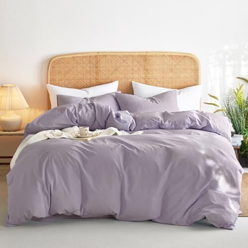 Wake In Cloud - Cotton Duvet Cover Set, 100% Washed Cotton, Linen Like Textured, Breathable Durable Comfy Farmhouse Neutral Bedding Set, 3 Pieces, Light Purple, Queen Size