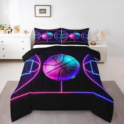 Basketball Duvet Insert Twin,Sports Game Bedding Set 2 Pcs for Kids Teens Boys Room Decor,Neon Watercolor Geometric Lines Comforter Set Black Microfiber Quilted Duvet with 1 Pillowcase