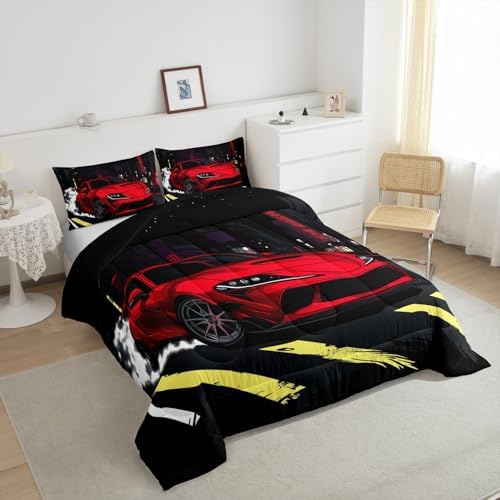 Erosebridal Kids Sports Car Comforter Set Twin Speed Race Car Boys Bedding Set Automobile Extreme Sport Down Comforter Racing Sports Quilt Racing Car Duvet Insert 2Pcs Bedding Decor