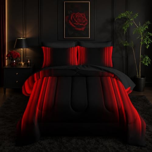 Nttopship Red and Black Bedding Set Queen Size Abstract Ombre Comforter Set Bedding Set 7 Piece in A Bag,Dark Quilt Set Mordern Art Decor All Seasons with Pillowcases,Flat, Fitted Sheet