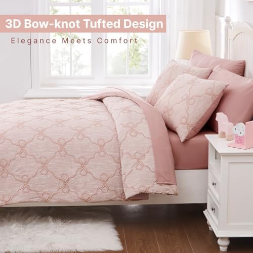 Queen Comforter Set with Sheets for Girls-7 Pieces Bow Bed in A Bag