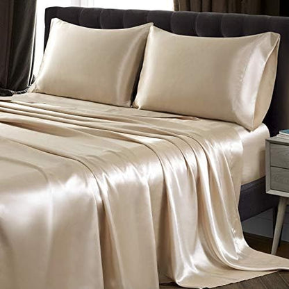 SiinvdaBZX 4Pcs Extra Deep Pocket Satin Sheet Set King Size, Beige