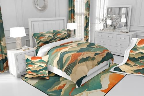 Japanese Style Comforter Set King Size,Abstract Mountain Bedding Set for Kids Boys Girls Room Decor,Sun Foggy Mountain Woodland Duvet Insert 3Pcs,Modern Comic Microfiber Quilt Set,2 Pillowcases