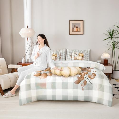 Erosebridal Thanksgiving 7 Piece Bedding Set Twin Fall Pumpkin Comforter Set with Sheets Autumn Buffalo Plaid Bed in a Bag Yellow Leaves Bed Sets Comforter