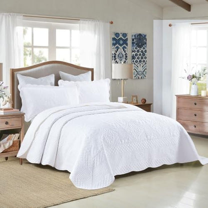 MarCielo 100% Cotton Quilt Set - 3-Piece Embroidered Farmhouse Bedspread & Shams, All-Season Breathable Bedding (Tf Bright White,Queen)