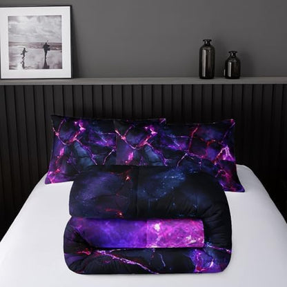 Nttopship Purple Comforter Set Queen Size，Purple Marble Bedding Set 3 Pcs Bedding for Adults,Violet Marble Room Decor with Soft and Lightweight Comforter and 2 Pillowcases