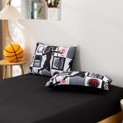 Aimuan Basketball Bedding Set for Boys Kids Teens, Soft Black and Red Sports Geometric Grid Patchwork Theme Basketball Bedding Sets Full Size, Black