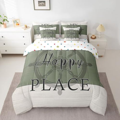 Erosebridal Rustic Farmhouse Style 7 Piece Bedding Set Twin,Nautical Rudder Comforter Set Bed in a Bag,Vintage Wood Grain Pattern Sheets,Navy Green Ivory Quilted Duvet,Modern Chic Summer Room Decor