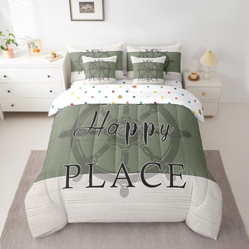 Erosebridal Rustic Farmhouse Style 7 Piece Bedding Set Queen,Nautical Rudder Comforter Set Bed in a Bag,Vintage Wood Grain Pattern Sheets,Navy Green Ivory Quilted Duvet,Modern Chic Summer Room Decor