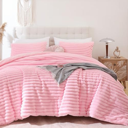 Smoofy Fluffy Full Size Comforter 3 PCS - Pink Fleece Bedding Set