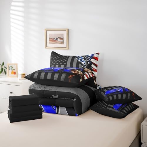 Feelyou Race Car Comforter Set with Sheets Twin Size Kids Speed Sports Car American Flag 7 Pieces Bedding Set for Boys Girls Teens Blue Racing Car Bed in a Bag Extreme Sports Bed Set Automobile