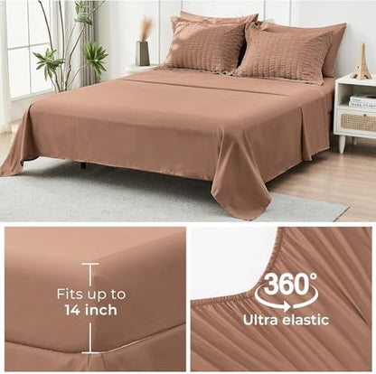 HYMOKEGE Mocha Brown California King Comforter Set Seersucker 7 Pieces, All Season Luxury Bed in a Bag for Bedroom, Bedding Set with Comforter, Sheets, Pillowcases & Shams