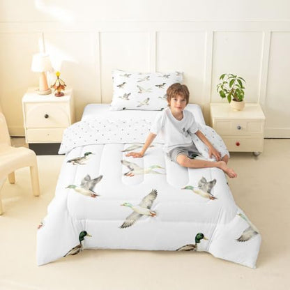 Feelyou Mallard Duck Bedding Set Soft for Boys Girls, Hunting and Fishing Comforter Set Twin Size Wild Animal Duvet Quilt Microfiber Wildlife White Bedroom Decor 2 Pcs with 1 Pillow Cases