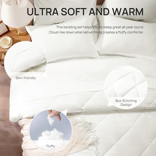 Love's cabin Full Comforter Set Ivory, 7 Pieces Full Bed in a Bag, All Season Bedding Sets with 1 Comforter, 1 Flat Sheet, 1 Fitted Sheet, 2 Pillowcase and 2 Pillow Sham