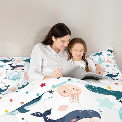 Kids Kawaii Whale Bedding Set Cute Dolphin Comforter Set for Girls Boys Children King Cartoon Crab Jellyfish Octopus Comforter Underwater World Quilt Duvet Ocean Animal Theme Bedroom Decor 3 Pcs