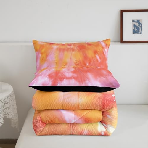 3 Piece Rainbow Tie Dye Comforter Set with Pillowcases Bedding Set 3D Printed Psychedelic Art Pattern Boho Hippie Down Comforter Full Duvet Insert Set, Watercolor Marble Abstract Art Women Pastel Bed