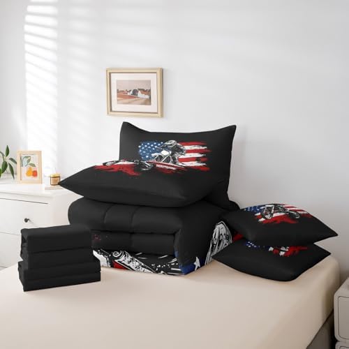 Erosebridal Motorcycle 7 Piece Bedding Set Full Size,American Flag Bed in a Bag,Extreme Sports Bed Set Includes Comforter, Sheet Set, Pillowcases & Pillow Covers All Season Bedroom Decor
