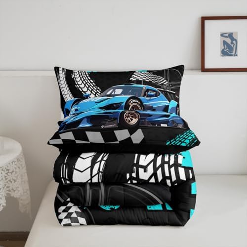 Erosebridal Toddler Race Car Bed for Boys,Black and White Buffalo Plaid Comforter Set Toddler Bedding Sets for Boys,Square Grid Lattice Quilt,Blue Extreme Sports Car Duvet Insert King Size