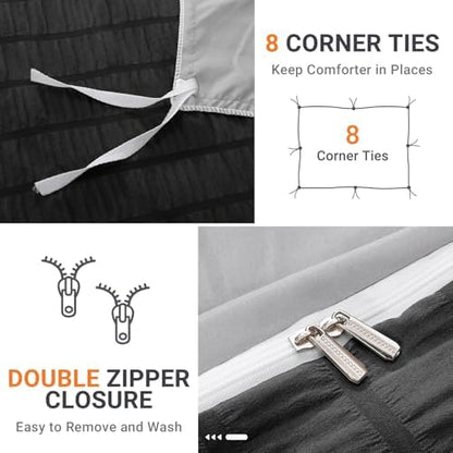 HYMOKEGE Black/Light Grey Duvet Cover Full Size, Ultra Soft 3-Piece Seersucker Duvet Cover Set with Zipper Closure, Soft Brushed Microfiber Bedding Set with 8 Corner Ties (80"x90", 2 Pillowshams)