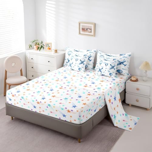 Erosebridal Cartoon Aircraft Queen 7 Pcs Bedding Set for Boys, Dreamy Hot Air Balloon Comforter Set with Sheets, Blue White Clouds Bed in A Bag for Kids Girls Adults, Airplane Star Print Bed Sets