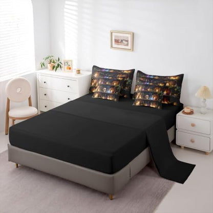 Erosebridal Gothic Bookshelf Skull 7 Pcs Bedding Set King Witchcraft Library Comforter Set with Sheets Mysterious Magic Bookcase Vintage Bed in a Bag Spooky Halloween Wizard Antique Bed Sets Comforter