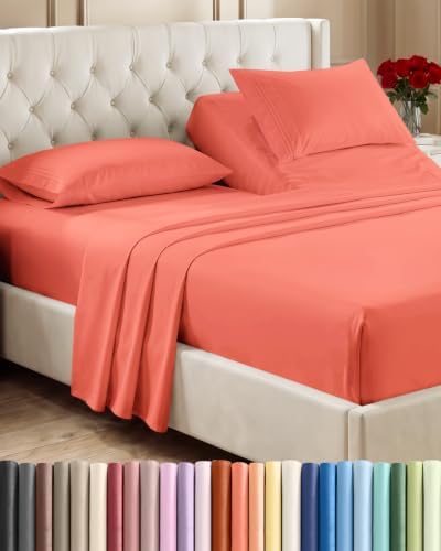 Flex Top Split Head King 4 Piece Sheet Set - Ultra-Soft, Breathable - Coral