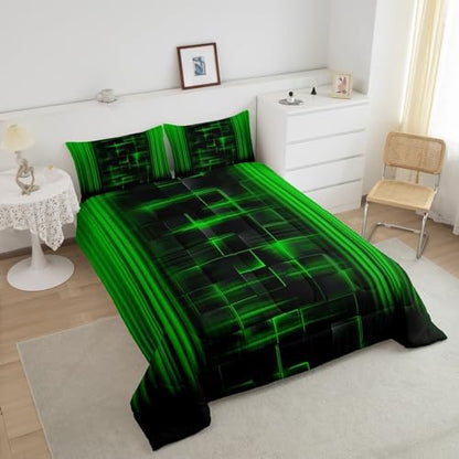 Feelyou Kids Green and Black Comforter Set Ombre Bedding Set King Size for Boys Girls Teens Bedroom Decor Ombre Effects Comforter Square Strip Lines Duvet Set with 2 Pillow Case