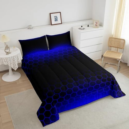 Blue Black Ombre Honeycomb Bedding Set King Size, Geometrics Hexagon Comforter Abstract Blue and Black Comforter Set for Kids Toddler Beehive Hexagon Duvet Set Durable Bed Set 3Pcs