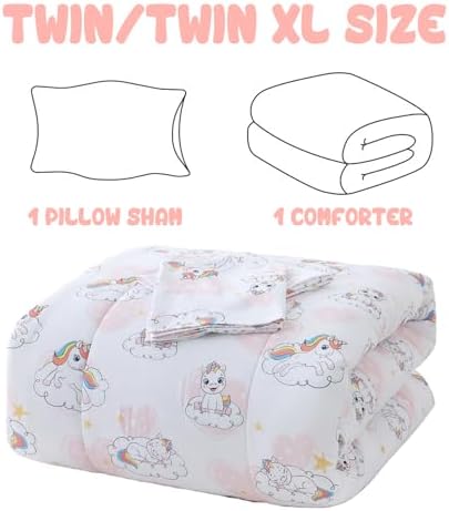 Yibeizi Kids Unicorn Twin Bed Comforter Set Pink Heart Bedding