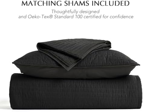 EVERGRACEHOME Cotton Sateen Quilt Set, Queen Size, Washed Black