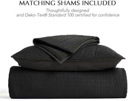 EVERGRACEHOME Cotton Sateen Quilt Set, Queen Size, Washed Black
