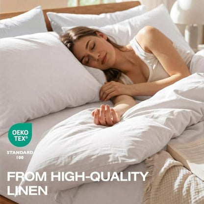 100% Pure Linen Blend 4 Piece Sheet Set, Cooling and Breathable Flax Bed Sheets for Hot Sleepers, All Season Comfort, Anti-Tear and Durable Bedding, 18 Inch Deep Pocket(White,Queen)