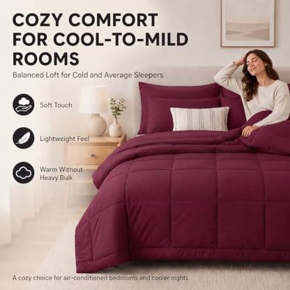 CozyLux Full Size Comforter Sets Burgundy - 7 Pieces Bed in a Bag