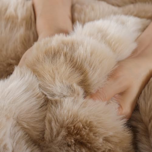 YIKUSH King Faux Fur Soft Comforter Set, Fluffy Bedding Set, Tiedye Beige