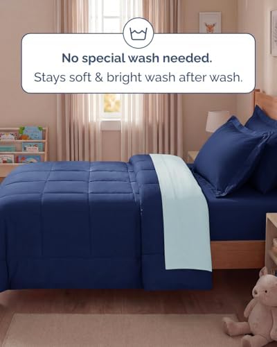 Twin Comforter Set - 5 Piece Reversible Bed in a Bag - Navy Blue/Sky Blue
