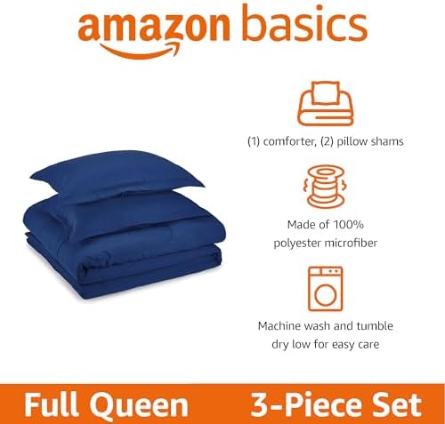 Amazon Basics 3-Piece Soft Microfiber Kid's Comforter and Pillow Sham Set, Full/Queen, Navy, Solid