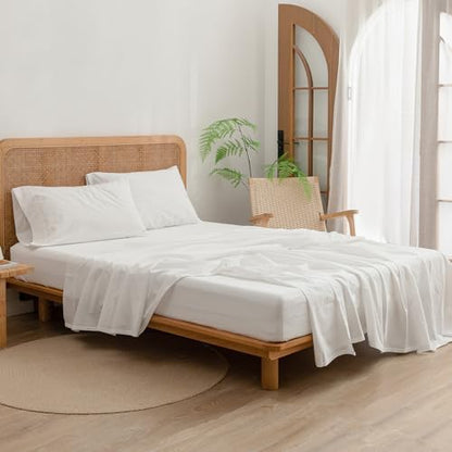 BESTOUCH Cal King Washed Cotton Linen Feel Sheet Set, 4 Pcs Solid Off White