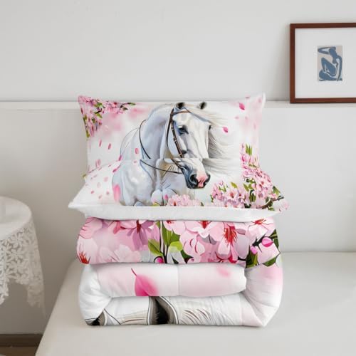 Feelyou White Horse Comforter Set Queen Size Bedding Set for Teens
