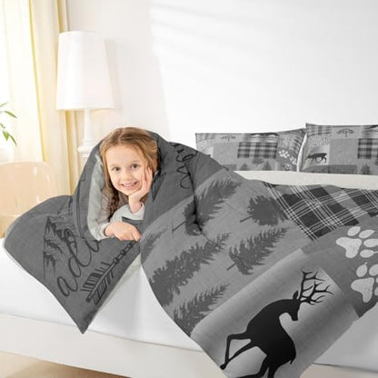 Deer Bear Comforter Set Twin,Grey Geometric Plaid Patchwork Quilt Duvet for Kids Teens Adults Room Decor,Vintage Rustic Farmhouse Bedding Set Pine Animals Plants Down Comforter,1 Pillowcase