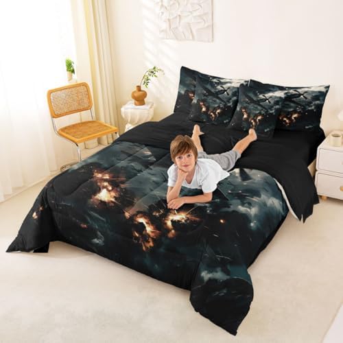 Erosebridal 7 Pcs Vintage Fighter Airplane Boys Bedding Set King Military Aircraft Comforter Set with Sheets for Kids Teens Men Realistic 3D Print Cloud Flame Aviation Bed in A Bag Plane Bed Sets