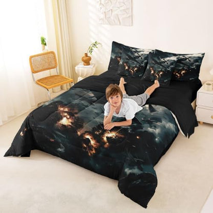 Erosebridal 7 Pcs Vintage Fighter Airplane Boys Bedding Set King Military Aircraft Comforter Set with Sheets for Kids Teens Men Realistic 3D Print Cloud Flame Aviation Bed in A Bag Plane Bed Sets