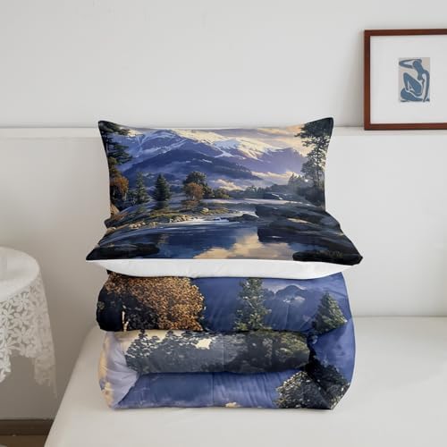 Lake House Comforter Set Twin Size,Snowmountain River Nature Scenery Bedding Set for Kids Boys Girls Room Decor,Camping Adventure Quilt Set 2Pcs,Natural Mountain Tree Duvet Insert,1 Pillowcase