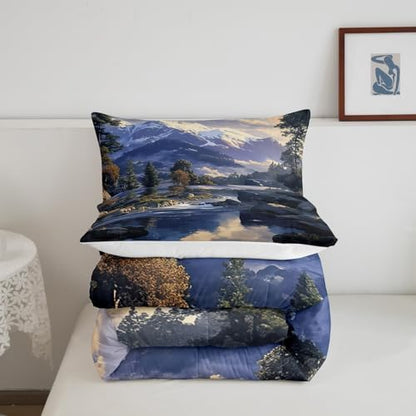 Lake House Comforter Set Twin Size,Snowmountain River Nature Scenery Bedding Set for Kids Boys Girls Room Decor,Camping Adventure Quilt Set 2Pcs,Natural Mountain Tree Duvet Insert,1 Pillowcase