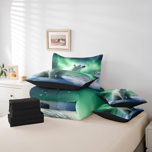 Erosebridal Polar Bear Bedding Set King,3D Polar Bear Comforter Set,Arctic Wildlife Animal(Comforter+Fitted+Flat Sheet+2 Pillowcases+2 Throw Pillow Covers) 7 Pieces Northern Lights Bed Set