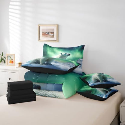 Erosebridal Polar Bear Bedding Set King,3D Polar Bear Comforter Set,Arctic Wildlife Animal(Comforter+Fitted+Flat Sheet+2 Pillowcases+2 Throw Pillow Covers) 7 Pieces Northern Lights Bed Set