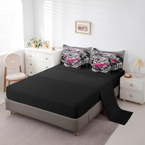 Castle Fairy Racing 7 Pieces Bedding Set King Bed in a Bag,Car Sport Comforter Set with Comforter,Flat,Fitted Sheet,Pillowcases,Pillow Covers,Abstract Geometric Checker Soft Warm Microfiber Bedding